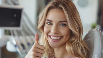 Woman smiling while giving thumbs up in treatment chair